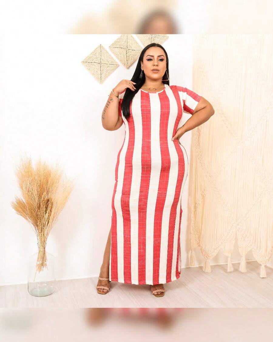 Plus Size Dresses - 紅色條紋 - 查看 1