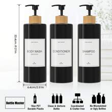 Dispensador de champú y acondicionador negro (paquete de 3, 27 onzas) Botella dispensadora de champú recargable moderna para ducha - Juego de dispensador vacío de champú, acondicionador y gel de baño - Etiqueta permanente con estilo - Para decoración de baño, hogar, decoración de otoño, regreso a la escuela - Negro - Ver 2