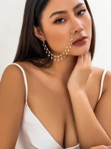 1pc Sweet Cool Punk  Metal Material Rhinestone Tassel Chain Shaped Earring & Nose Clip, Suitable For Women For Stage Performance, Daily Wear, Party - Tassel Earrings and Nose Clip - View 1