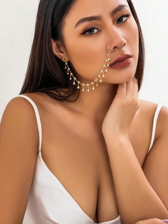 1pc Sweet Cool Punk  Metal Material Rhinestone Tassel Chain Shaped Earring & Nose Clip, Suitable For Women For Stage Performance, Daily Wear, Party