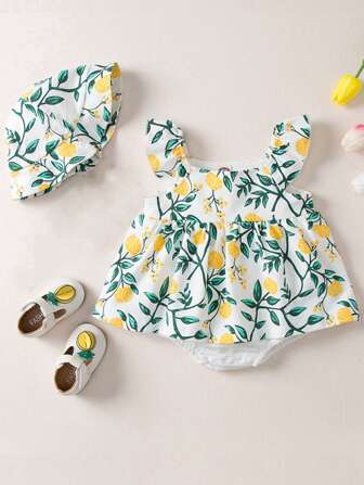 嬰兒女童花卉全印花連身衣連帽帽子2件套