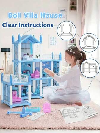 Children's Princess Castle Toy House, Building Block Doll Villa Set (Doll Style/Clothes Random), Multi-Layer Multi-Room Rich Furniture Accessories, DIY Model Construction, Collectible Villa Model