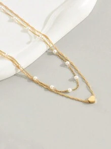 2 件女士金色心形项链，小众设计，奢华时尚双层锁骨链，组合项链情人节 - 彩色 - 查看 3