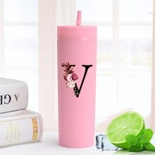 1入組A-Z字母圖案16oz純色塑料水瓶，適用於夏季/冬季飲料，扁底牛奶/咖啡杯，旅行配件，母親節禮物，伴娘/新娘禮物 - 粉色 - 查看 2