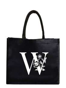 1PC Black Linen Handbag With White Flower Butterfly Letter Print Design,Simple And Elegant,Personalized Bridesmaid Wedding Gift Bag, Makeup Bag,Travel Simple Storage Bag,Solid Color Cosmetics Wallet,Large Capacity Travel Makeup Bag: The Perfect Match For Outdoor Beauties! Suitable For Weddings,Birthdays,Beaches,And Holidays - Black - View 29