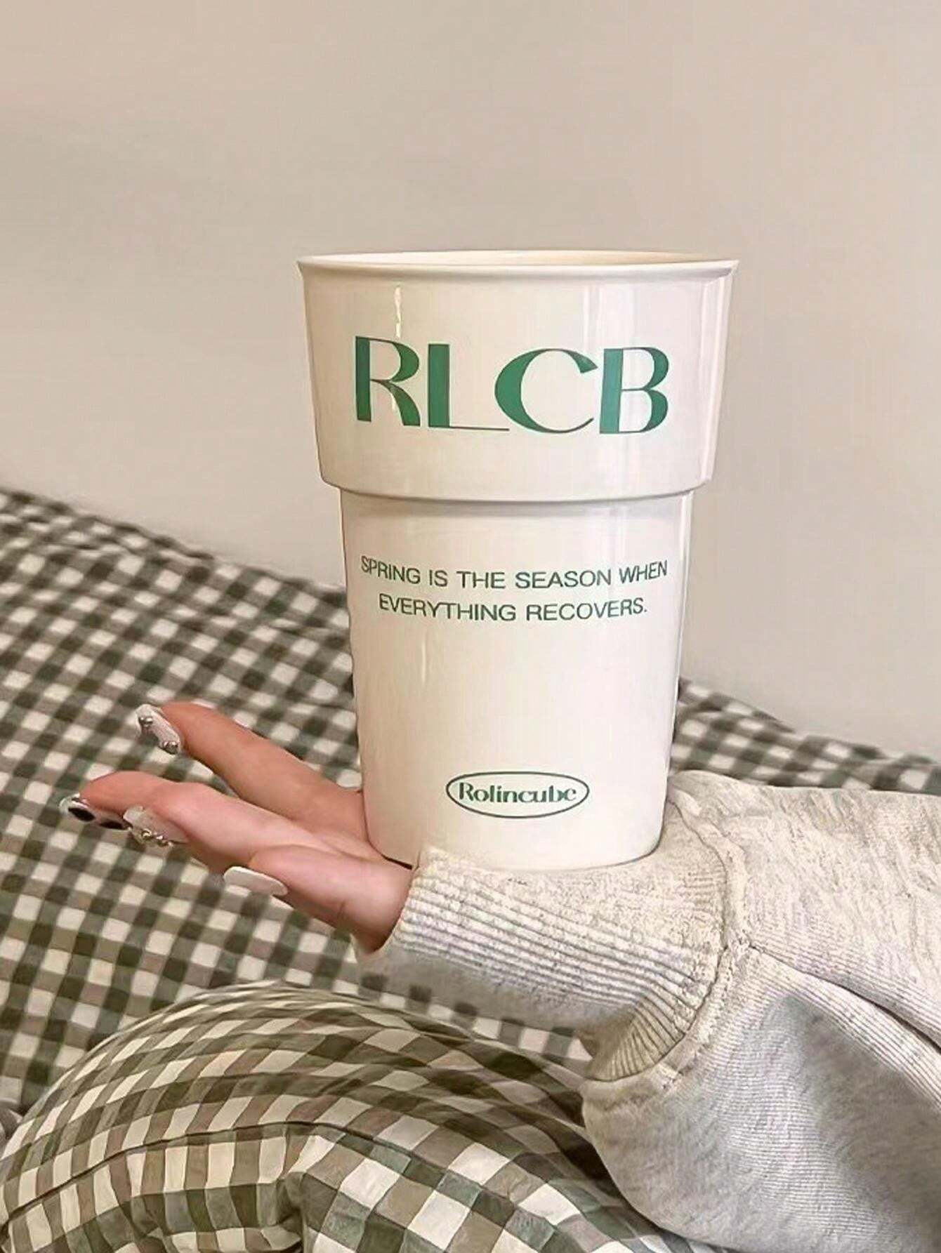 1pc INS Vintage Green Letter Print Ceramic Breakfast Milk Cup / Coffee