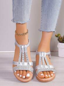 Bohemia Rhinestone Women Sandals Comfortable Slip-Resistant Beach Shoes Valentines - Silver - View 4
