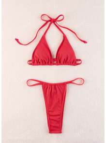 2pcs/Set Ribbed Red Triangle Bikini With Strappy Details And Swimwear Bottoms Summer