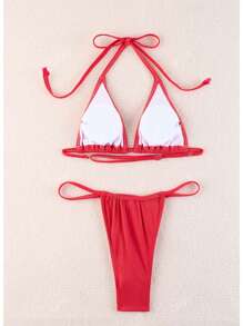 2pcs/Set Ribbed Red Triangle Bikini With Strappy Details And Swimwear Bottoms Summer