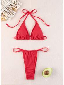 2pcs/Set Ribbed Red Triangle Bikini With Strappy Details And Swimwear Bottoms Summer