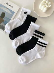 5pairs Stripe & Printed Sports Casual Mid-Calf Socks, Fall