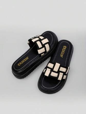 Women Bi-Color Woven Detail Wedge Anti-Slip Sandals, Holiday Summer Flat Slide Sandals