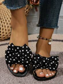 Black And White Polka Dot Women Fashionable And Casual Slippers, Flat Beach Slippers, Anti-Slip, Wear-Resistant, Comfortable, With Bow Decoration Valentines