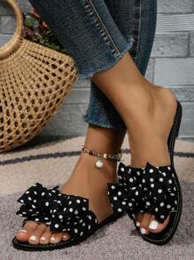Black And White Polka Dot Women Fashionable And Casual Slippers, Flat Beach Slippers, Anti-Slip, Wear-Resistant, Comfortable, With Bow Decoration Valentines