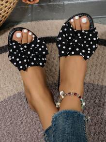 Black And White Polka Dot Women Fashionable And Casual Slippers, Flat Beach Slippers, Anti-Slip, Wear-Resistant, Comfortable, With Bow Decoration Valentines