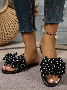 Black And White Polka Dot Women Fashionable And Casual Slippers, Flat Beach Slippers, Anti-Slip, Wear-Resistant, Comfortable, With Bow Decoration Valentines