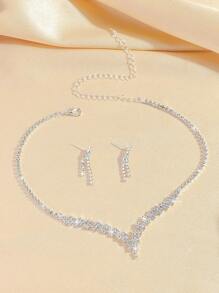 3-Piece Light Luxury Style High-End Design Elegant And Versatile Rhinestone-Studded Necklace And Earrings Suitable For Women Wedding, Banquet, Festival And Vacation