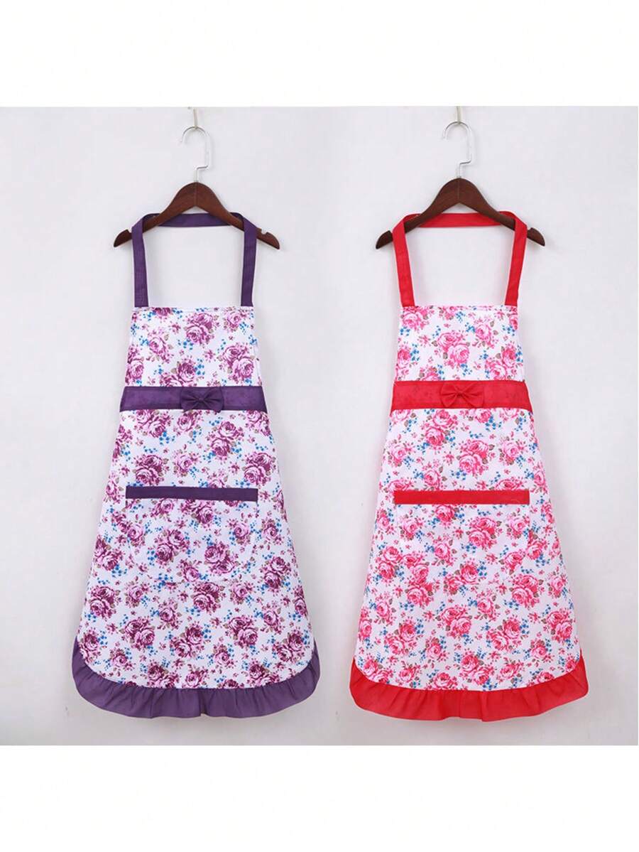 1pc Spring And Summer Single Layer Rose Lace Apron For Kitchen Household Chores, Cute Korean-Style Neck Hanging Fashionable Waist Protection For Restaurant Women - Red - View 1