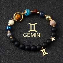 1 pieza Brazalete con universo, galaxia, ocho planetas, 12 constelaciones para mujer, de piedra natural, sistema solar, pulsera con signos del zodiaco Libra, Virgo, Leo, joyería de color dorado de acero inoxidable, colgante de constelación, regalo de joyería para parejas el Día de San Valentín