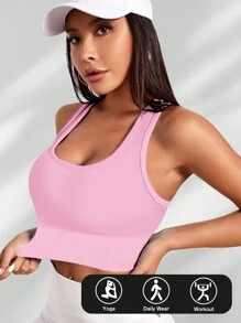 Yefecy Reggiseno sportivo a coste basic e tinta unita, senza anella in acciaio, reggiseno sportivo antishock con arricciatura, abbigliamento sportivo da donna, adatto per primavera ed estate