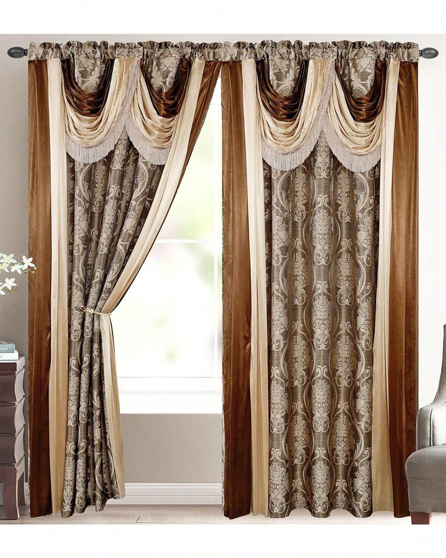 Luxury Fancy Jacquard Room Darkening Curtain Panel With Attached Waterfall Valance & Scarf 54 By 84-Inch Modern Semi-Blackout For Living Room Bedroom And Dining Room - Taupe - 查看 1