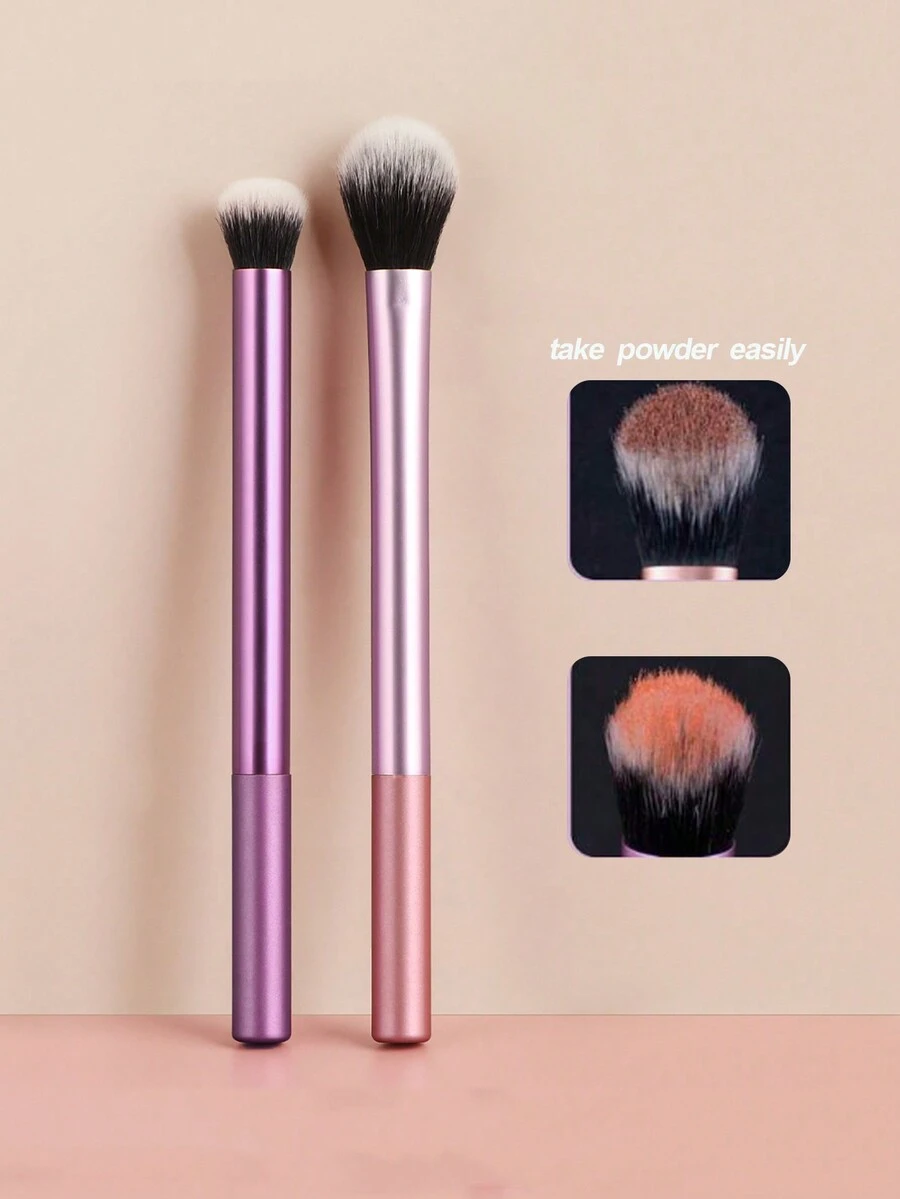 Juego de 2 brochas de maquillaje de fibra densa con tubo largo, mango de aluminio grueso, buena adherencia y durabilidad, piel amigable, se pueden usar como brocha de rubor, brocha de sombra de ojos, brocha de polvo y brocha multifuncional para lograr un aspecto de maquillaje facial profesional - Multicolor - Ver 1