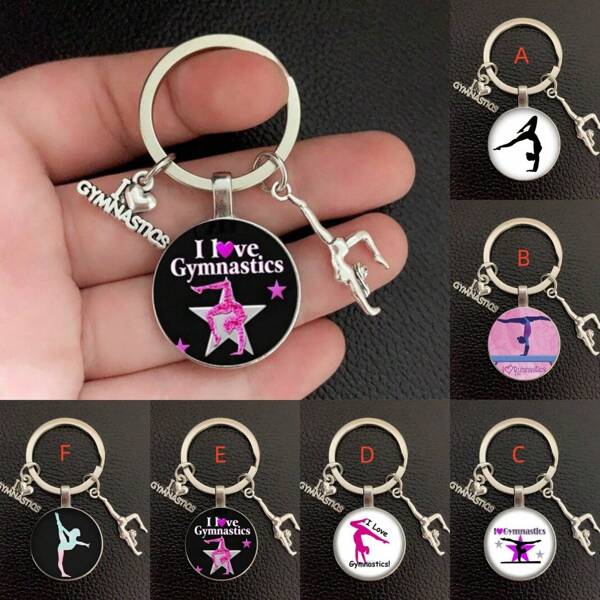 1pc I Love Gymnastics Glass Time Keychain, Metal Key Ring For Men And Women Gymnastics Sports Gift Car Accessories Bag Charm School