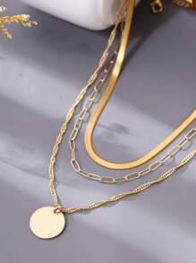 Nooxian 3 pièces Collier pendentif rond en acier inoxydable de ton doré texturé avec lames plates et chaînes superposées, avec clip carré doré, adaptés pour les femmes pour porter pendant les vacances et les fêtes