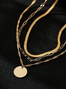 Nooxian 3 pièces Collier pendentif rond en acier inoxydable de ton doré texturé avec lames plates et chaînes superposées, avec clip carré doré, adaptés pour les femmes pour porter pendant les vacances et les fêtes