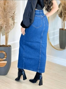 Women Denim Skirts - Azul lavado oscuro - Ver 2