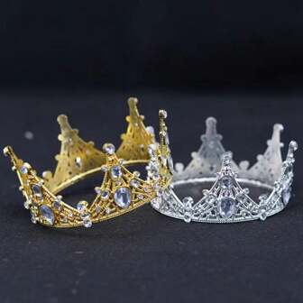 1pc Alloy Bridal Round Crown Headdress Cake Flower Decor Gold Crown Party Hair Accessory Tiaras