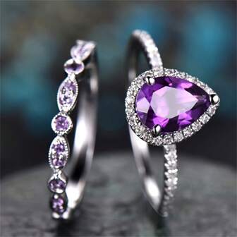2pcs/Set Korean Style Faux Diamond Rings, Couple Rings With Purple Diamond & 3D Rose Flower Design, Engagement/Wedding Rings, Mother's Day Gift