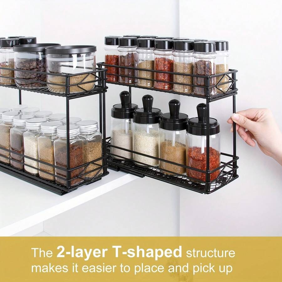 1 Set Double Layer Spice Rack Kitchen PullOut Type Stackable Storage