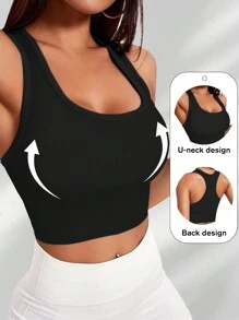 Yefecy Sujetador deportivo de yoga básico de tejido de punto acanalado sólido, Sujetador deportivo sin aro de acero y con almohadillas, a prueba de golpes, para mujeres, ropa deportiva para mujeres