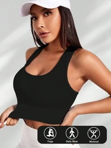 Yefecy Sujetador deportivo de yoga básico de tejido de punto acanalado sólido, Sujetador deportivo sin aro de acero y con almohadillas, a prueba de golpes, para mujeres, ropa deportiva para mujeres