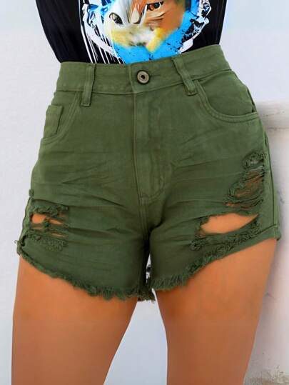 Lumini Jeans Shorts Jeans Feminino Verde Militar Rasgado 100% Algodão