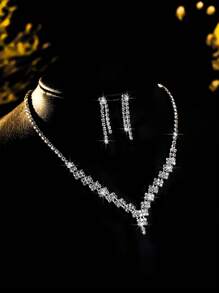 3-Piece Light Luxury Style High-End Design Elegant And Versatile Rhinestone-Studded Necklace And Earrings Suitable For Women Wedding, Banquet, Festival And Vacation