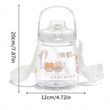 One High-Capacity Ins Style Plastic Water Bottle With Shoulder Strap And Straw, Stickers Style Random. - White - View 2