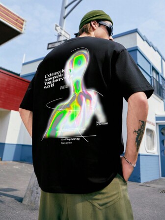 INFLATION تيشيرت منخفض الاكتاف بطباعة شعار رجالي