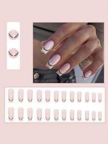 Medium Long French Style Nail Art With Black Curved Lines, Simple And Stylish Fake Nails, Easy To Match With Different Outfits - Baby Pink - View 2