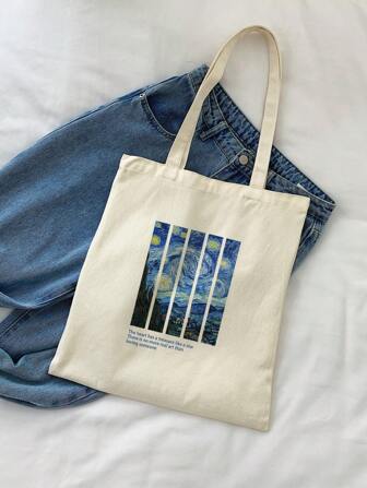 Una elegante bolsa de lona para mujeres de color beige, impresa con el estilo de pintura al óleo de cielo estrellado y patrón de alfabeto de tres líneas, perfecto para compras al aire libre y portátil.