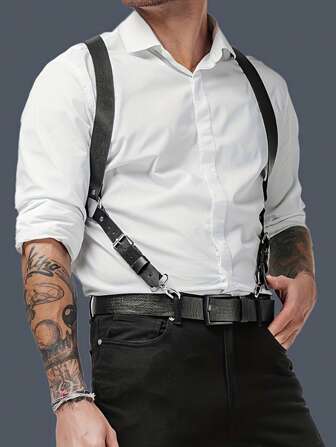 1pc Men Black Adjustable Stud Decor PU Leather Fashionable Punk Suspenders Suitable For Matching With Shirts And T-Shirts Halloween