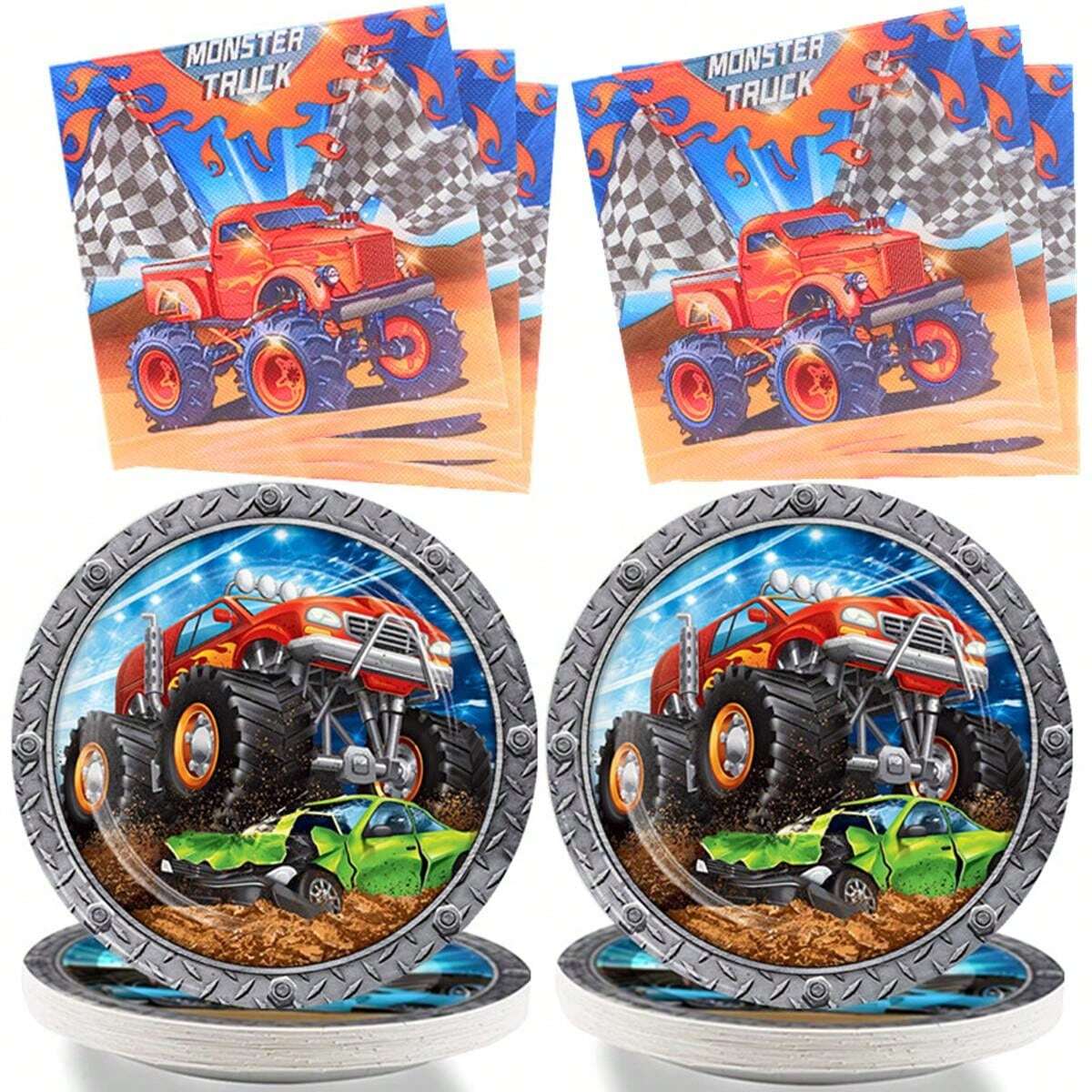 40 Pcs Monster Truck Plates And Napkins Monster Truck Birthday