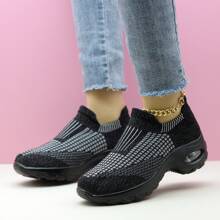 Women's Grey Plaid Stripe Air Cushion Shock Absorbing Sports Casual Knit Slip-On Dance Shoes