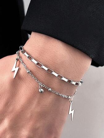 1pc Stainless Steel Men Hip-Hop Punk Style Lightning Bolt Bracelet, Perfect For Summer Party Accessory