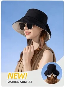 JOYLORD 1 pieza Sombrero de cubo de mujer de dos colores con lazo, sombrero de ala ancha de moda para actividades al aire libre en verano - 6190 - Ver 3