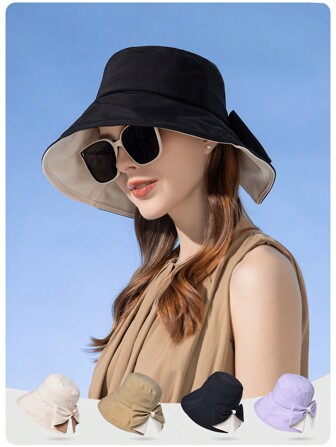 JOYLORD 1 Sombrero de cubo de dos tonos con moño para mujer, sombrero de ala ancha de protección solar de moda para actividades al aire libre en verano Día de San Valentín