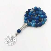 Tasbih Man Natural Blue Agate Stone Muslim Misbaha With Islamic Accessroies Pendant