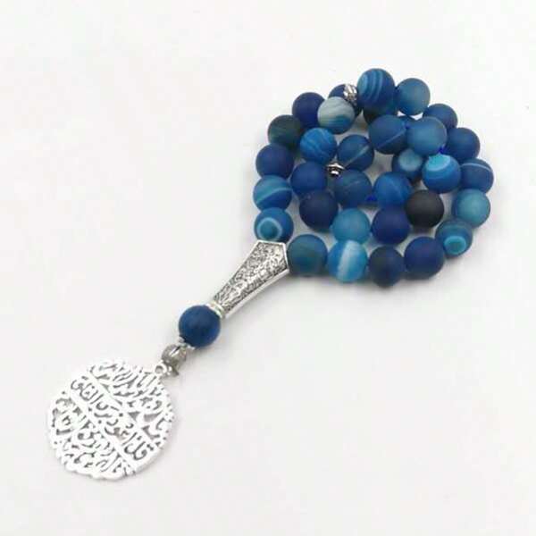 Tasbih Man Natural Blue Agate Stone Muslim Misbaha With Islamic Accessroies Pendant