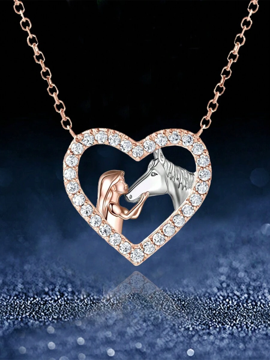 一款欧美风格锌合金水钻心形吊坠项链，带女孩和马图案，玫瑰金色，适合女性日常佩戴 - 玫瑰金 - 查看 1
